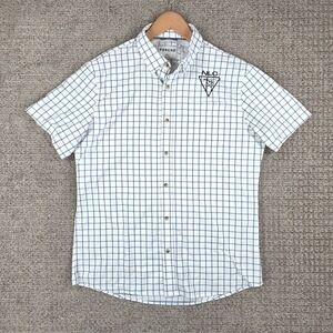 Poncho Mens Large Slim Fit Short Sleeve Button Down Shirt White Blue Check